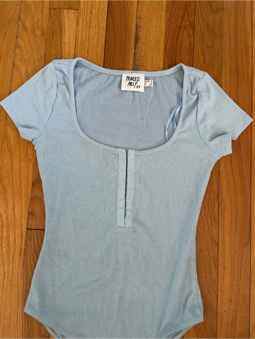Princess Polly Pale Blue Ribbed Scoop Neck Short Sleeve Bodysuit